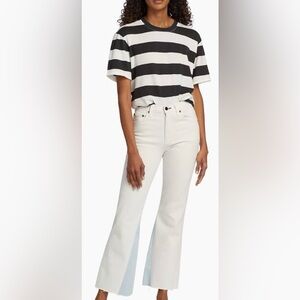 ASKK NY High-Rise Kick Flare Ivory Jeans w/ Light Blue Denim Panel. Size 27